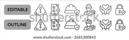 Safety line icons. Editable stroke vector set for protection and health interface.