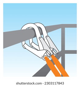 Línea de seguridad que funciona en la ilustración vectorial de alta posición. Dispositivo protector contra caídas para el trabajador con ganchos dobles para el mazo de cables del cuerpo de seguridad. Trabajar con equipos de altura.