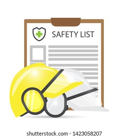 Safety List Symbol Security Sign With Check Box On Paper And Helmet