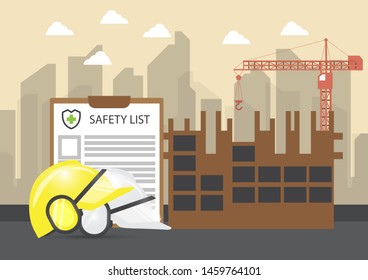 Safety List Symbol Security Sign With Check Box On Paper And Helmet With Construction Site Background