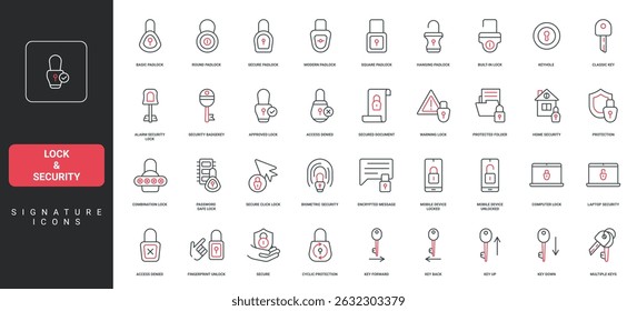 Safety lock and key protect access, privacy and data encryption, cyber security line icon set. Padlock with password to unlock and trusted shield thin black and red symbols vector illustration