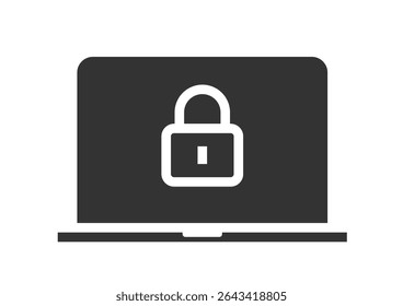 Safety lock on laptop computer screen icon as secure permission access simple solid sign symbol illustration, pc with closed privacy information pictogram image clip art  