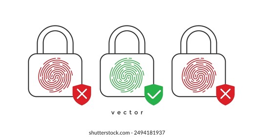 Cerradura de seguridad. Conjunto de huellas dactilares . Señal de acceso de seguridad. ILUSTRACIÓN VECTORIAL .	