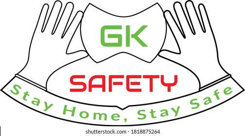 Safety Logo For Covid-19. Safety Icon Of Corona Virus. Company Symbol. Sanitizer Business Logo.  Symbol Of Covid-19. Monogram Of Healthcare Goods. Surgical Mask Gown And Gloves  Logo 