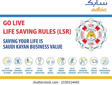 Seguridad LSR, Reglas de Salvamento de Vida para la industria Sabic en Arabia Saudita con diseño vectorial. El contactor de SABIC en todo Arabia Saudita puede utilizar esos diseños con el logotipo de su propia empresa.