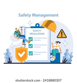 Concepto de gestión de la seguridad. Dar prioridad a la seguridad en el lugar de trabajo mediante el cumplimiento de las normas. Engranajes de protección y sensibilización sobre los peligros en el foco. Ilustración vectorial plana.