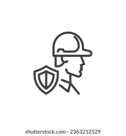Symbol der Sicherheitsleitlinie. lineares Stilzeichen für mobiles Konzept und Webdesign. Mann mit Schutzhelm und Schild Umriss Vektorsymbol. Symbol, Logo-Abbildung. Vektorgrafik