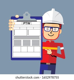 Safety Manager Character With The Board Of PTW. Permit To Work Document. Industrial And Construction Project.