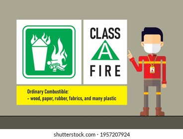 Safety Manager Flat Syle Cartoon Character On Presentation Of Class A Of Fire. Industrial, Construction, And Manufacturing Graphic Asset