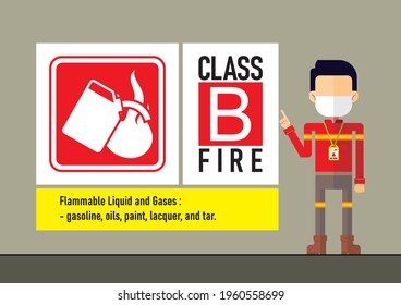 Safety Manager Flat Syle Cartoon Character On Presentation Of Class B Of Fire. Industrial, Construction, And Manufacturing Graphic Asset