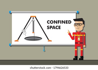 Safety Manager On Presentation Training Of Confined Space Work. Construction And Industrial Work. Flat Cartoon Style.