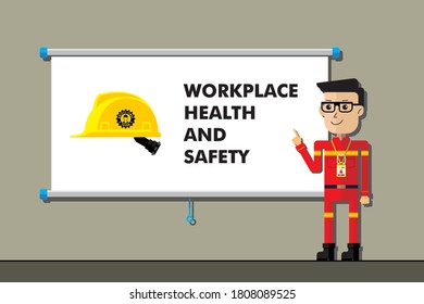 Safety Manager On Presentation Training Of Workplace Health And Safety. Flat Style Cartoon. Industrial And Construction