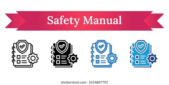 Safety Manual Multi Style - Notebook with checklist, shield, and gear, representing documented safety procedures and protected protocols