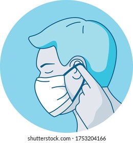 safety mask fitting illustrated instruction icon showing man putting on a surgical mask