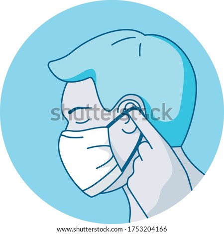 safety mask fitting illustrated instruction icon showing man putting on a surgical mask