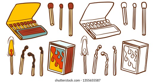 Safety match ignite burn icons set. Cartoon illustration of doodle Safety match vector icon for web isolated on white background