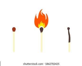 Safety match, lighted match and burnt match icons. Burnout syndrome. Working burnout conception. Vector