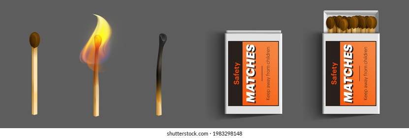 Safety matches in box, stages of burning from fire to charred burnt wooden stick, matchsticks with brown sulphur lying in closed and open case isolated on grey background, Realistic 3d vector set