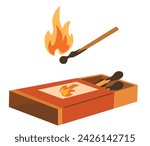 Safety matches. Burning Match Stick and matchbox. Vector hand draw illustration isolated on the white background