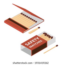 Safety matches and flat plain promo matches. Box of matches isolated on white background. Isometric view. Vector