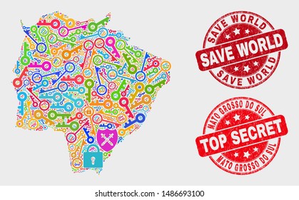 Safety Mato Grosso do Sul State map and stamps. Red round Top Secret and Save World textured seal stamps. Bright Mato Grosso do Sul State map mosaic of different protection elements.