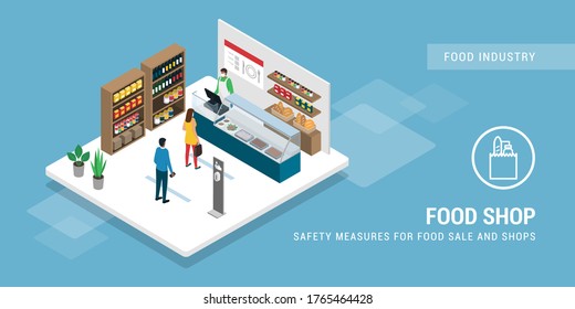 Safety measures at the food shop during coronavirus epidemic, food and retail safety concept