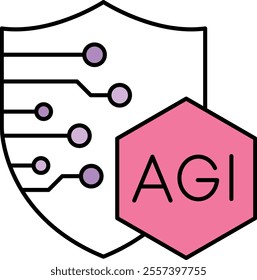Safety Measures Icon – Shield with Circuit Lines and AGI Text, Representing Protection and Secure AI Operations. Vector illustration.