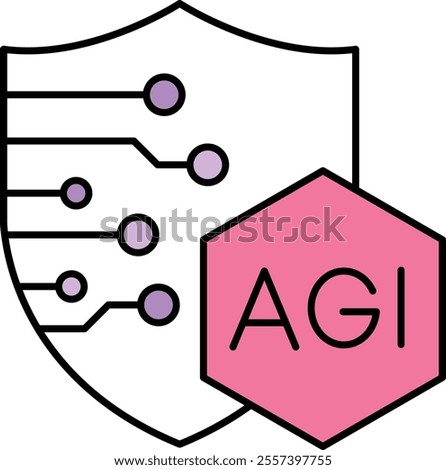 Safety Measures Icon – Shield with Circuit Lines and AGI Text, Representing Protection and Secure AI Operations. Vector illustration.