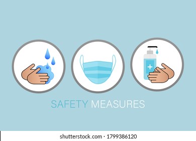 Safety measures for medical design. Coronavirus mask, sanitizer. Vector illustration.