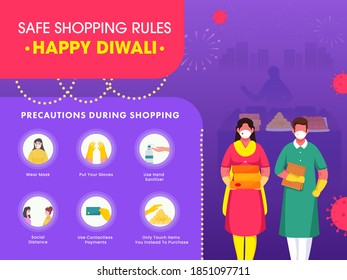 Safety measures to take care while Shopping in Diwali concept with young Indian couples. 