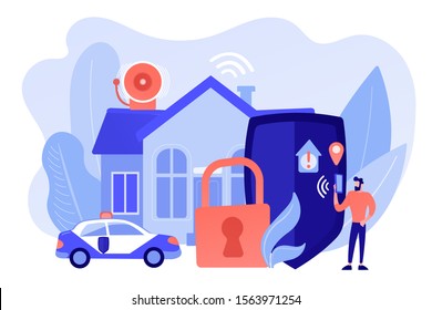 Safety measures, unauthorized access prevention. Security systems design, optimal building security solutions, best industry experience concept. Pinkish coral bluevector isolated illustration