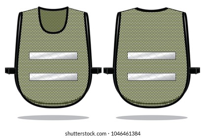 Safety Mesh Army Vest Design Double Gray Reflective Square Tape On Front And Back And Black Edging Vector.