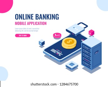 Safety of money on internet, protected transaction payment, mobile application online bank, blockchain technology, cryptocurrency, server room database, coin vector illustration