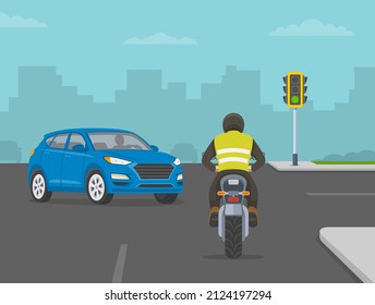 Safety motorcycle driving. Dangerous left turn in front of a motorcycle. Road accident involving a car and a motorcycle. Flat vector illustration template.