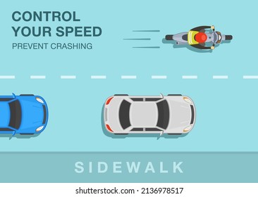 Safety motorcycle driving rules and tips. Control your speed, prevent crashing. Top view of a bike rider on road. Flat vector illustration template.