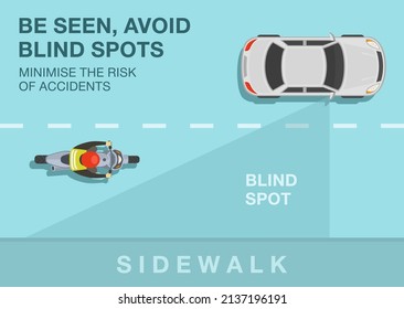 Safety motorcycle driving rules and tips. Bee seen, avoid blind spots to minimise the risk of accidents. Top view of a bike rider on road. Flat vector illustration template.