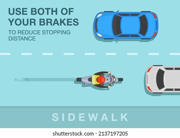 Normas y consejos de seguridad para la conducción en motocicleta. Utilice ambos frenos para reducir la distancia de parada. Vista superior de un ciclista en la carretera. Plantilla de ilustración vectorial plana.