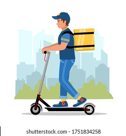 Safety motorized scooter delivery and service concept. Courier with a box on the city background. Delivery man character riding e scooter. Vector illustration in flat style.