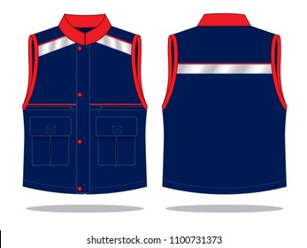 Safety navy-red vest with placket hidden zip and gray reflective design on white background. Front and back views, vector file.