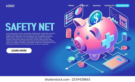 Safety Net: Piggy bank for Medical Healthcare, vector art, simple, minimalist, vibrant color