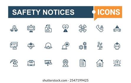 Safety Notices icons in linear style. Featuring warning, attention, risk, information, caution and more. Modern thin icons. Solid line editable stroke.