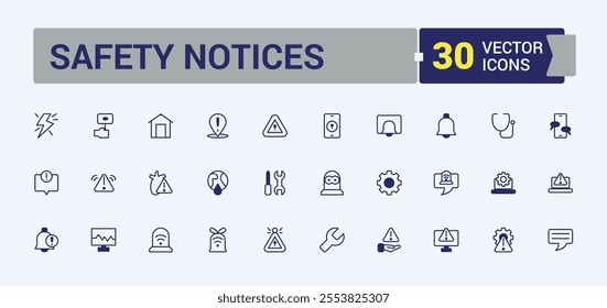 Safety Notices line web icon set. Containing line, road, error, application, signal and more. Set of line pictogram. Editable vector outline and solid icons.