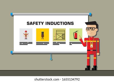 Safety officer cool character give the safety induction presentation. Graphic asset for construction, industrial and mining.