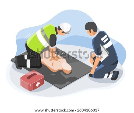 Safety officer demonstrating CPR technique to industrial worker during first aid training session isometric isolated