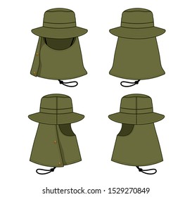 Safety Olive Green Sun Bucket Hat Template on White Background.Front, Back and Side Views.