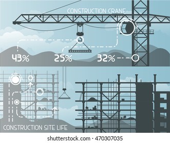 Safety on a building site, construction crane, construction site life, frame building, builder's supplies