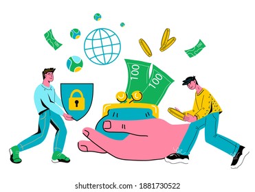 Safety online payment methods and money transferring with  business people characters, vector illustration isolated on white. Internet banking and online  transaction, and bank wire transfer.