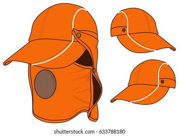 Safety Orange Baseball Cap Design UV Protection Face-Neck Cover And White Line Piping, Mesh Circle At Nose-Mouth Vector.