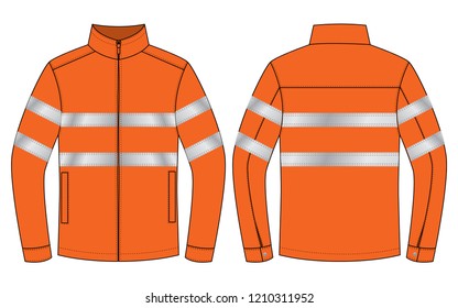 Safety Orange Jacket with Gray Double Reflective Tape Design on White Background. Front and Back Views, Vector File.