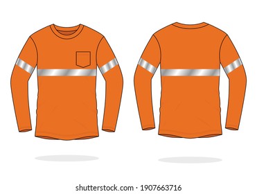 Safety Orange Long Sleeve T-Shirt With Gray Reflective Tape Design on White Background.Front and Back View